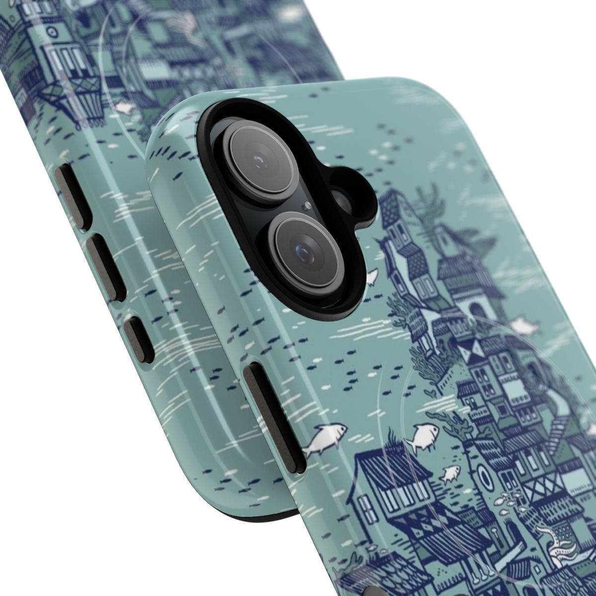 Vibrant ocean-themed phone case with fish, coral, and underwater city design - Detail