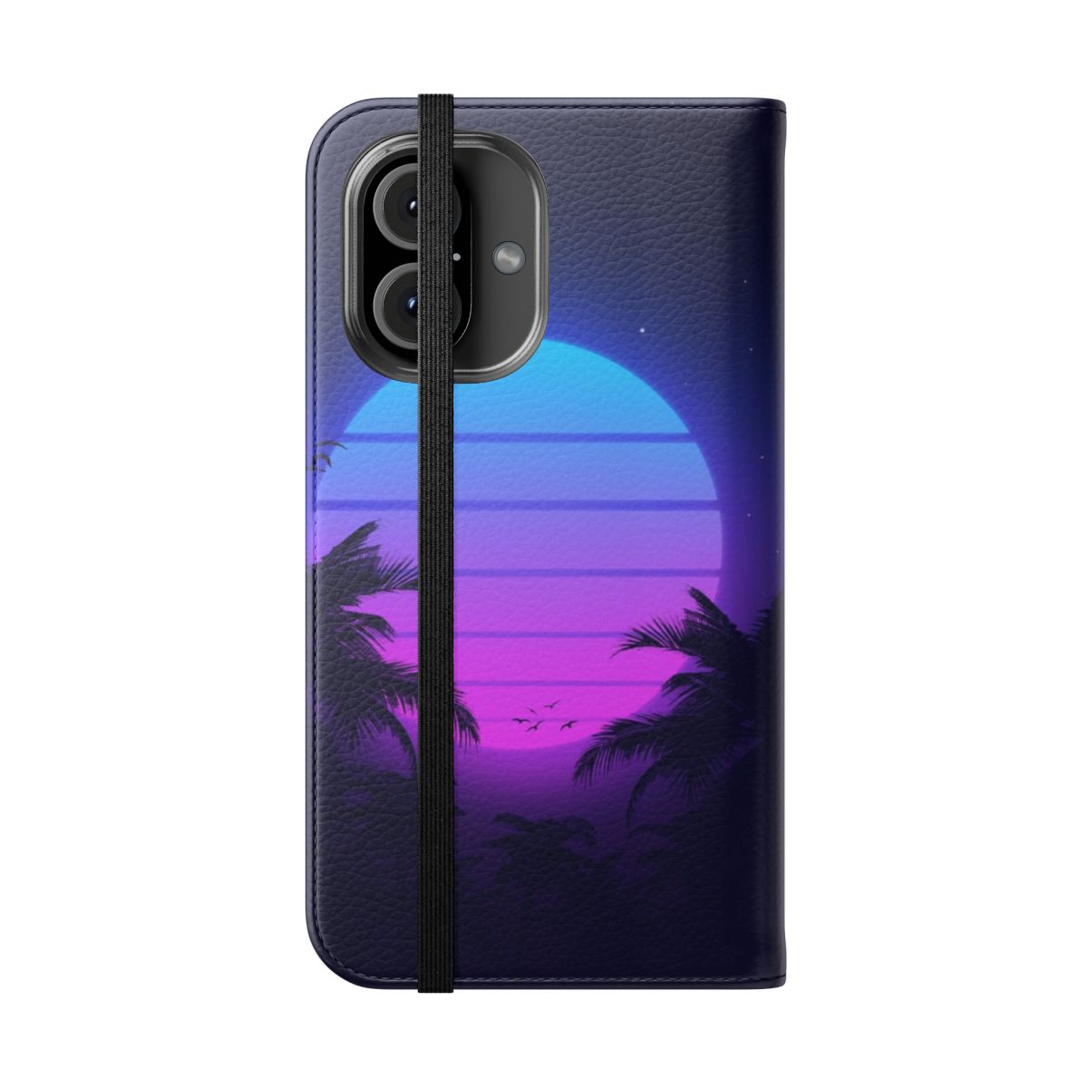 Vibrant retro 80s-inspired vaporwave sunset phone case cover with palm tree silhouette - Folded Front