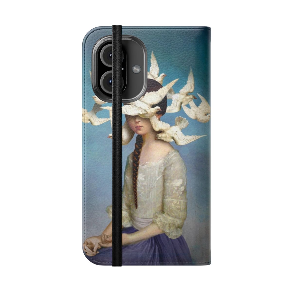 Flip cover phone case featuring a surreal portrait with birds and a dove in a dreamlike, fantasy-inspired design. - Folded Front