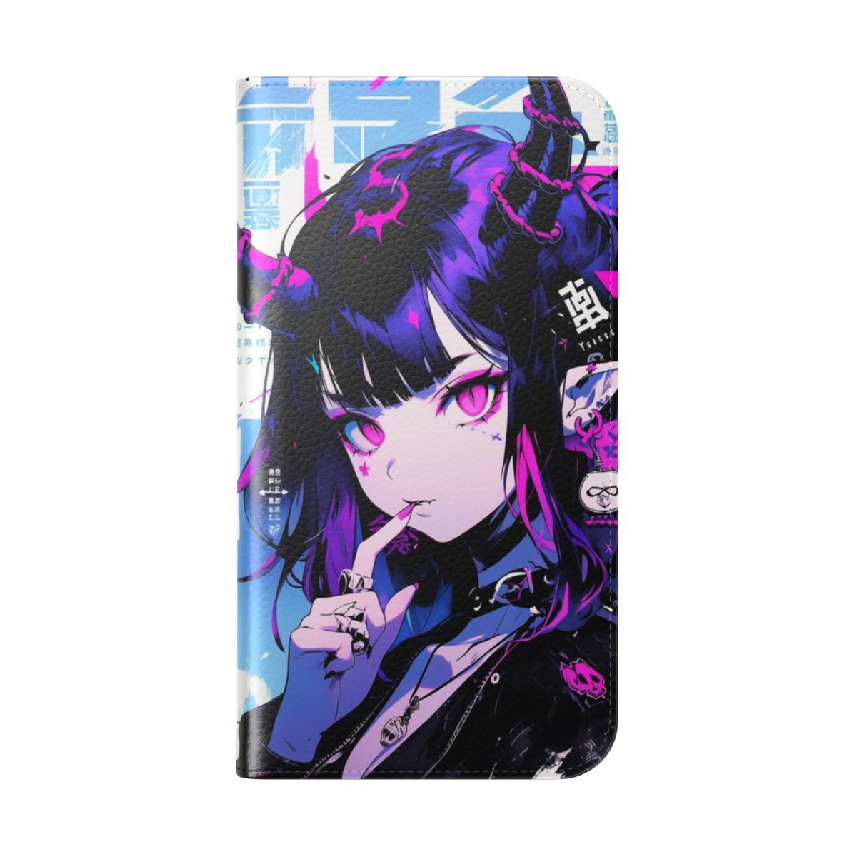 Stylish flip phone case featuring a cute anime-style demon girl character - Folded Back