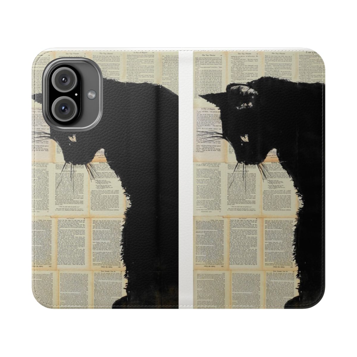 Artistic cat-themed flip cover phone case with book pages and ink design