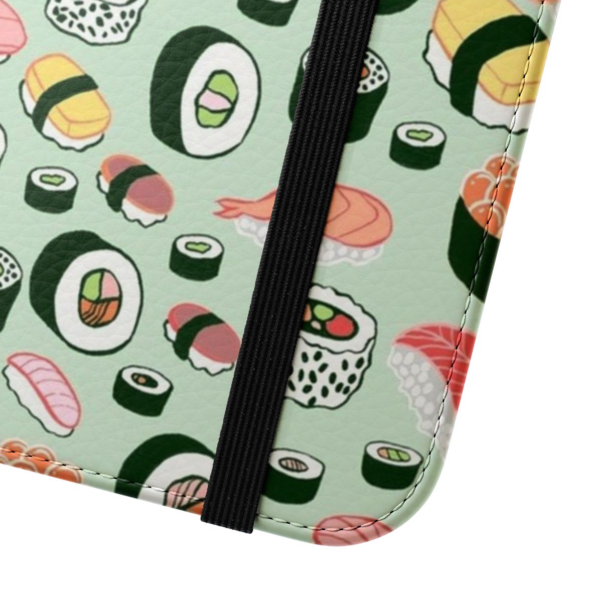 Colorful sushi-themed flip cover phone case with marine-inspired design - Close Up