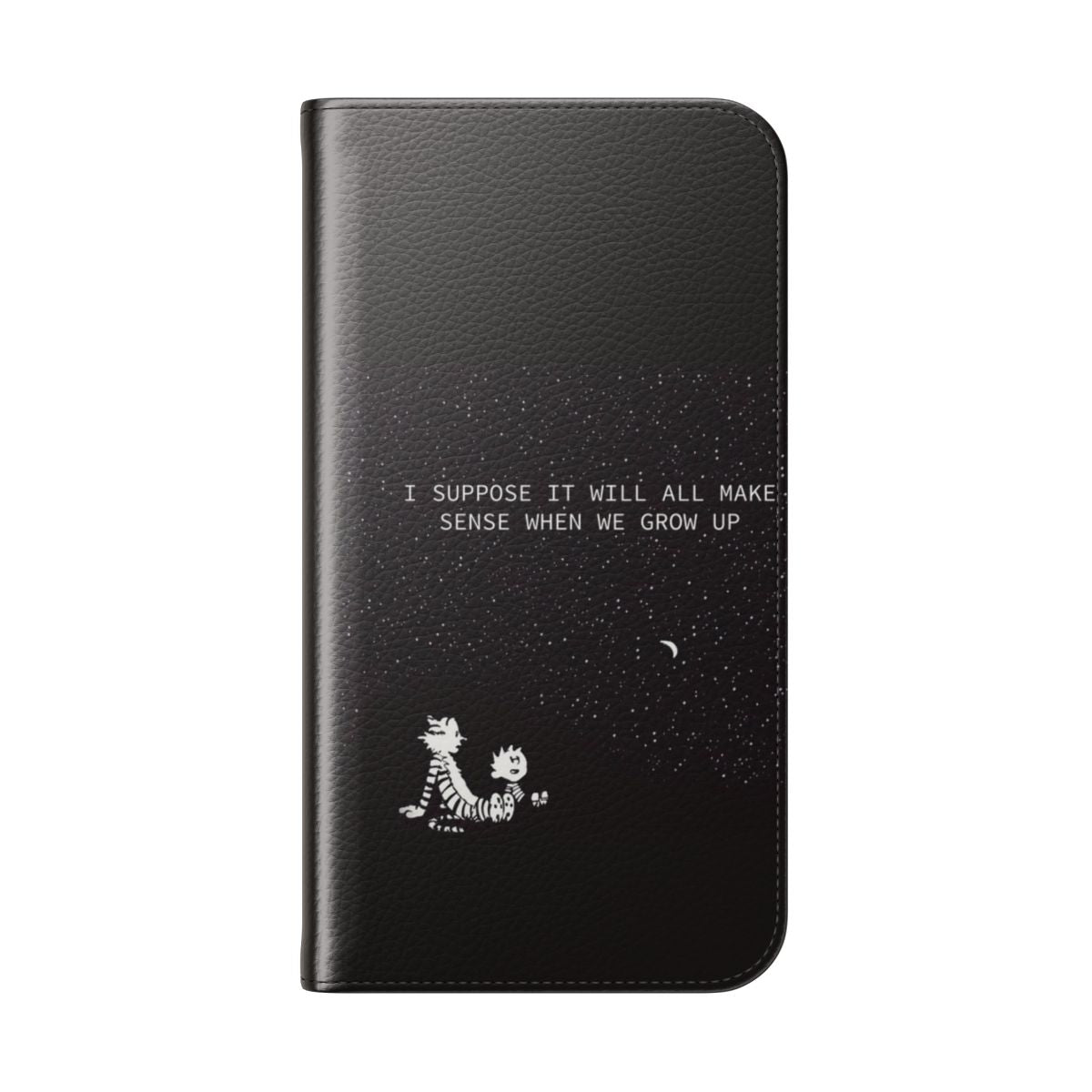 Flip cover phone case with Calvin and Hobbes character artwork - Folded Back