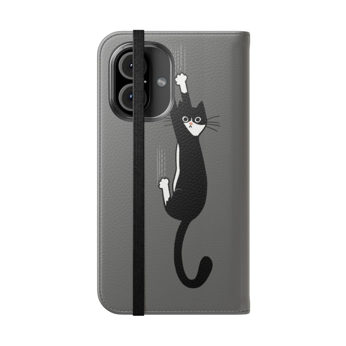 A playful tuxedo cat clinging to the edge of a phone case with a black and white design. - Folded Front