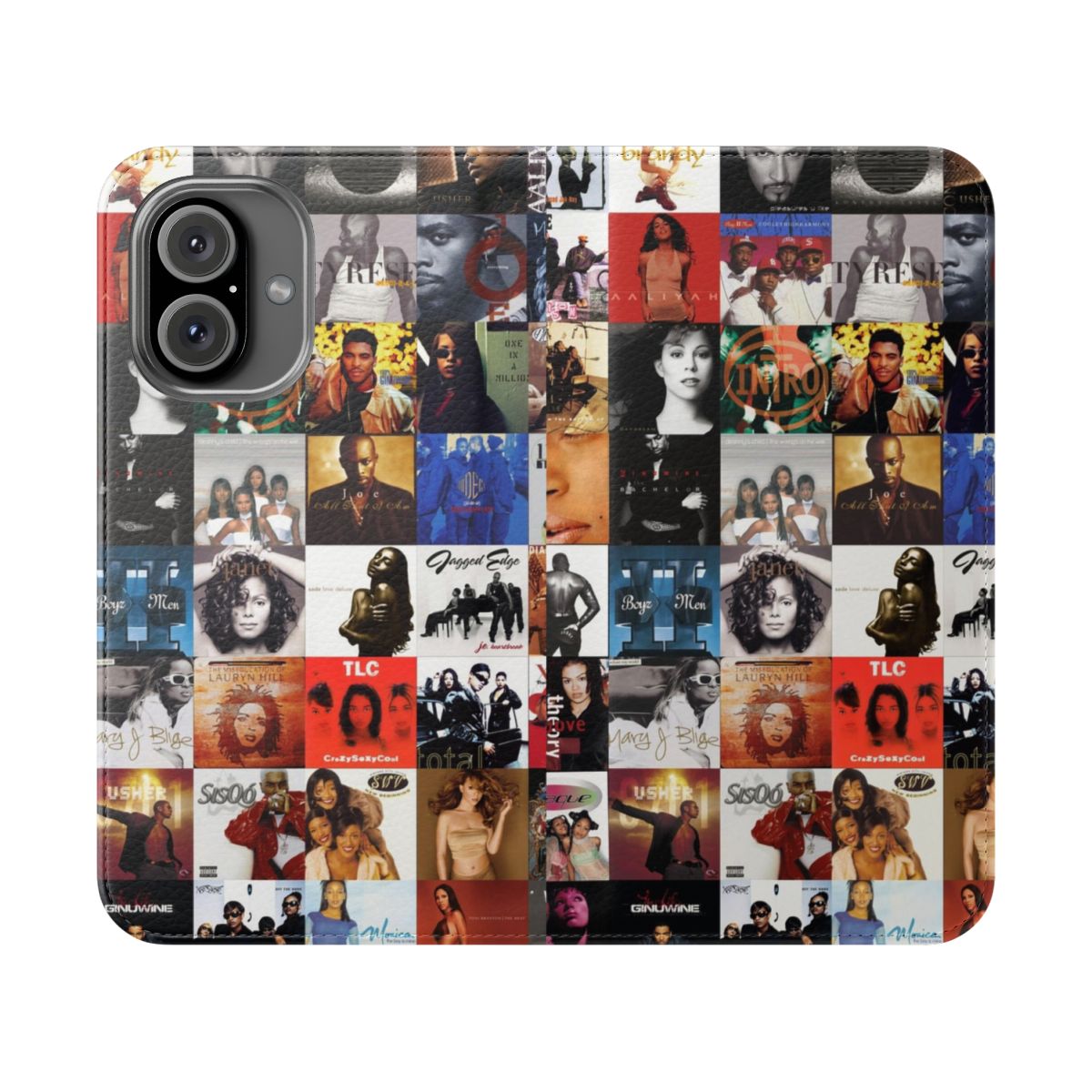 Retro-inspired flip cover phone case featuring a collage of 90s and 2000s R&B and hip hop artists.