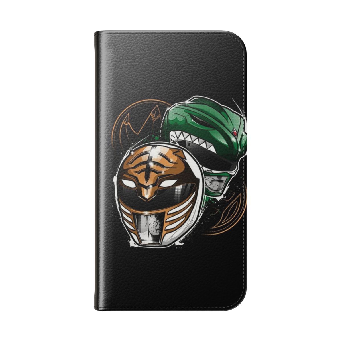 Flip cover phone case featuring a retro-style illustration of the Green Power Ranger, Tommy Oliver - Folded Back