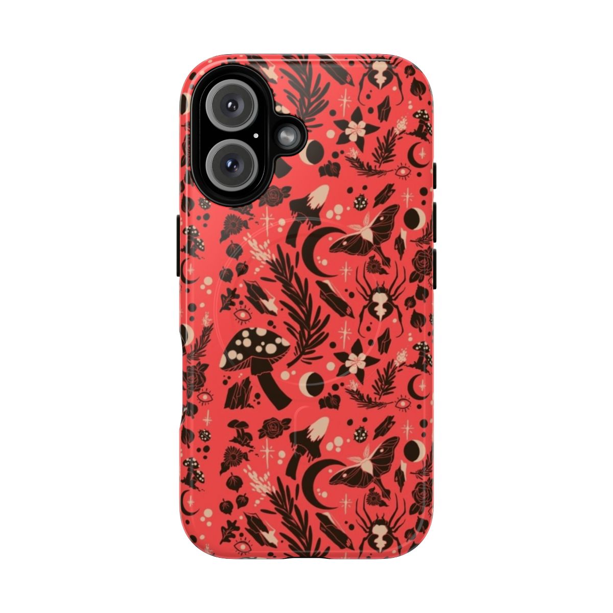 A nature-inspired phone case featuring a whimsical design of forest elements like mushrooms, plants, and moths.