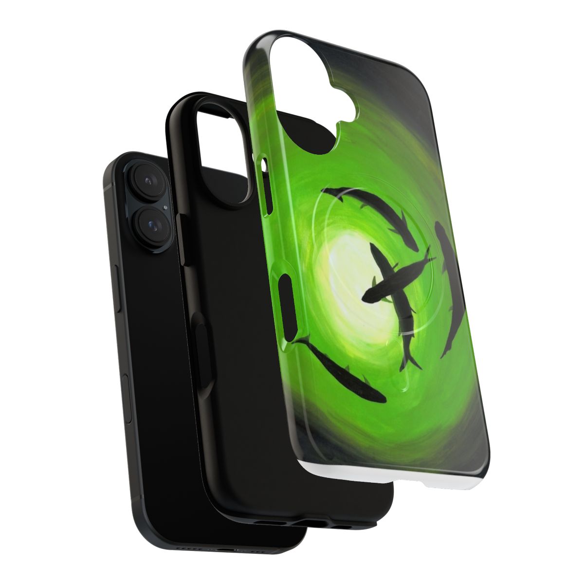 Phone case with a vibrant green swirl pattern featuring a snook fish, perfect for fishing and ocean enthusiasts. - Layers