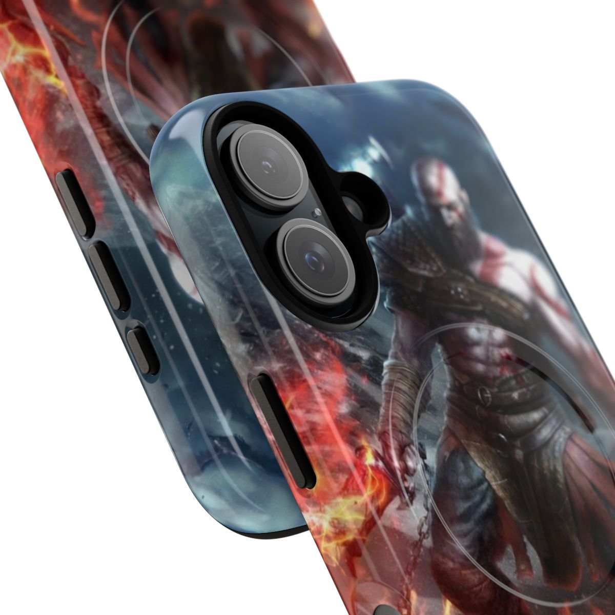 Tough magnetic iPhone and Samsung cases featuring dynamic designs inspired by the video game God of War and the character Kratos. - Detail