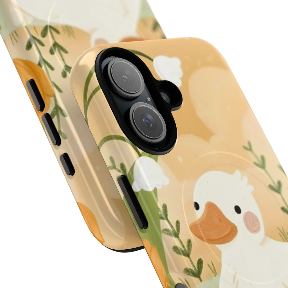 Artistic duck and flower design on a durable, protective magnetic phone case - Detail