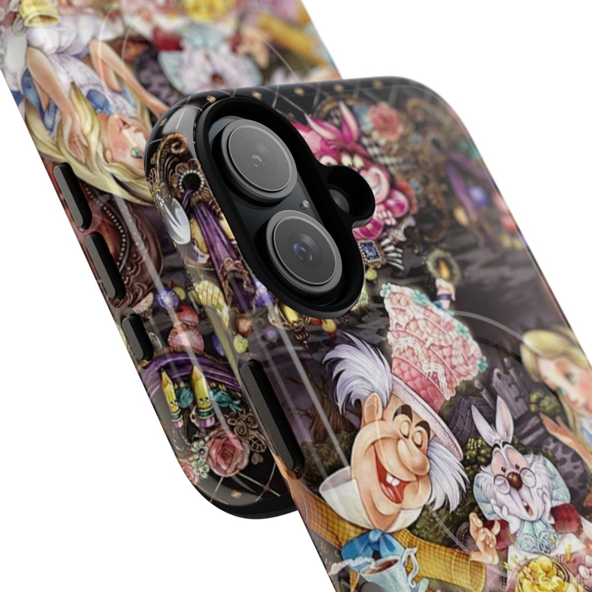 Colorful phone case featuring Alice, the Mad Hatter, and the Cheshire Cat from the classic Alice in Wonderland story. - Detail