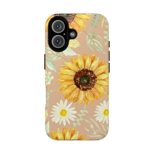 Watercolor painting of sunflowers and daisies on a beige magnetic tough phone case