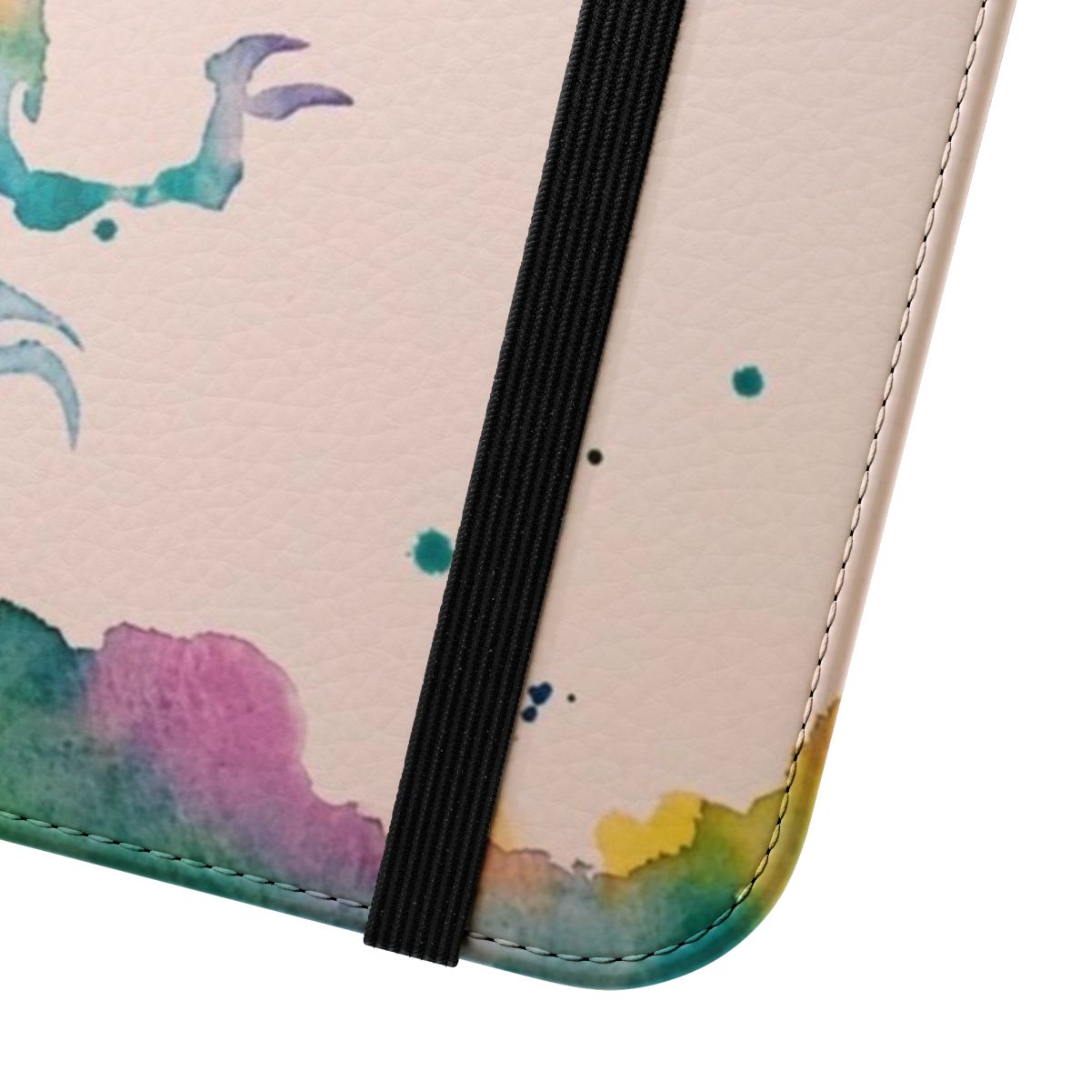 Colorful watercolor illustration of dinosaurs on a flip phone case - Close Up