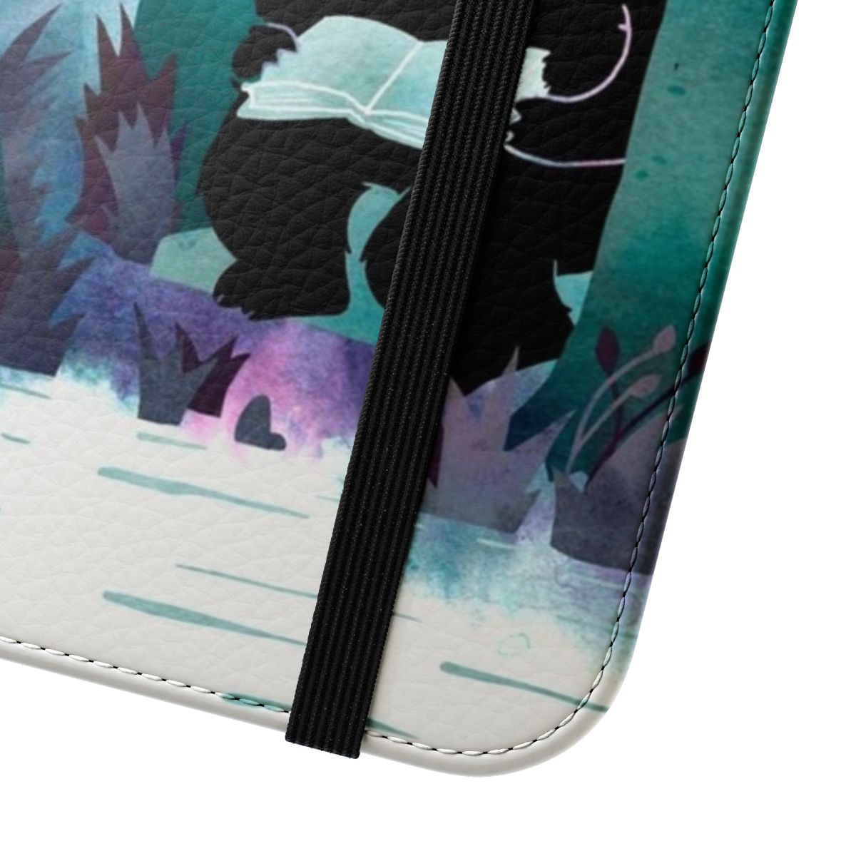 Flip cover phone case with a whimsical, nature-inspired watercolor design featuring monsters, books, and forest elements. - Close Up