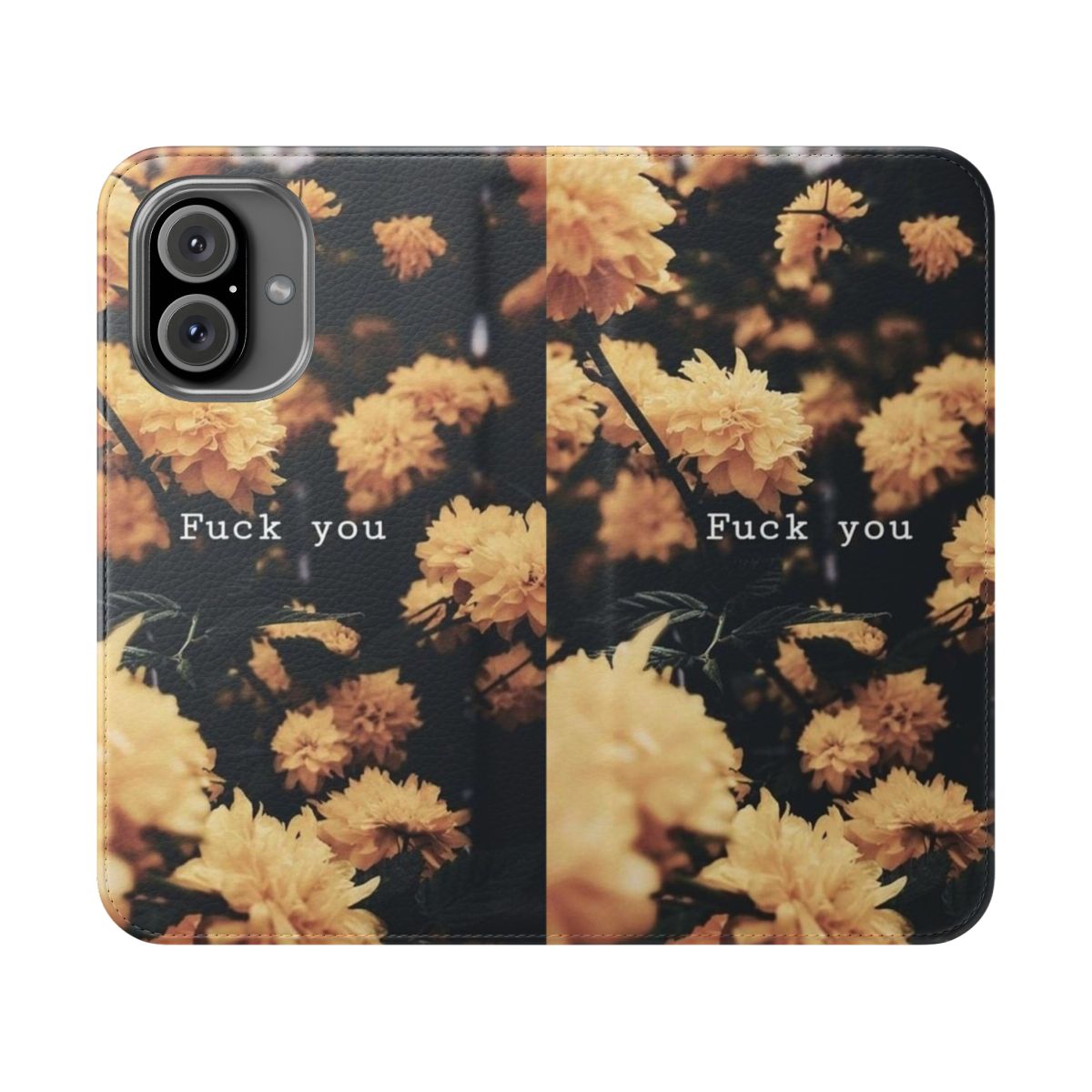 A dark and moody floral themed flip phone case with a Japanese-inspired landscape design.