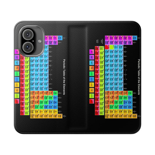 Vibrant color periodic table graphic on a black flip phone case