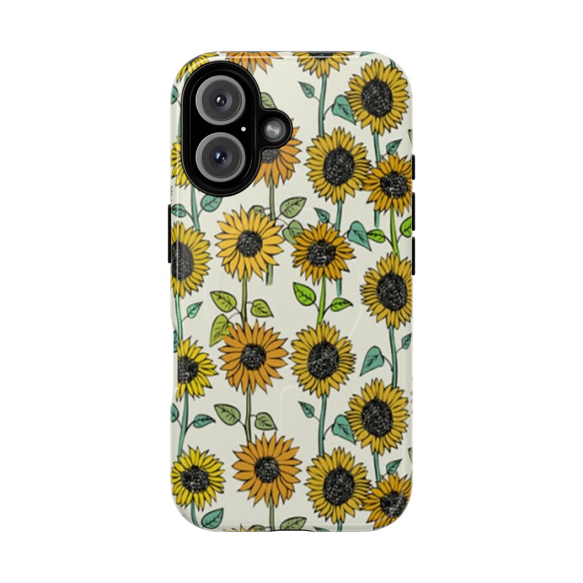 A phone case decorated with a painted sunflower design.