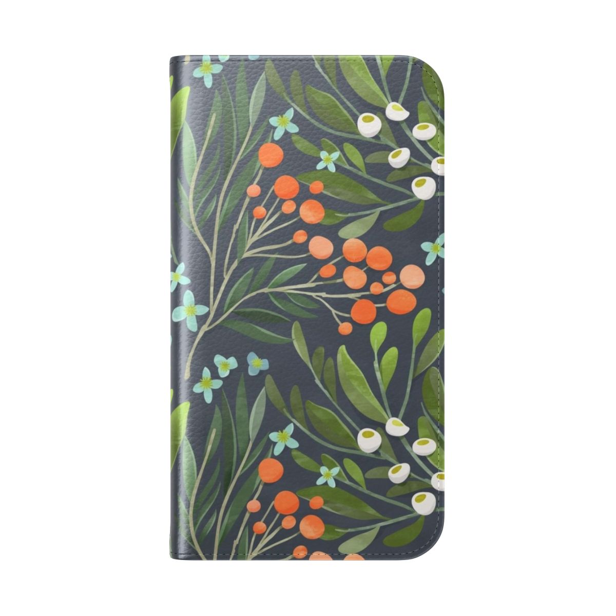 Closeup of a phone case with a vibrant floral and botanical design in shades of green, blue, pink, and teal. - Folded Back