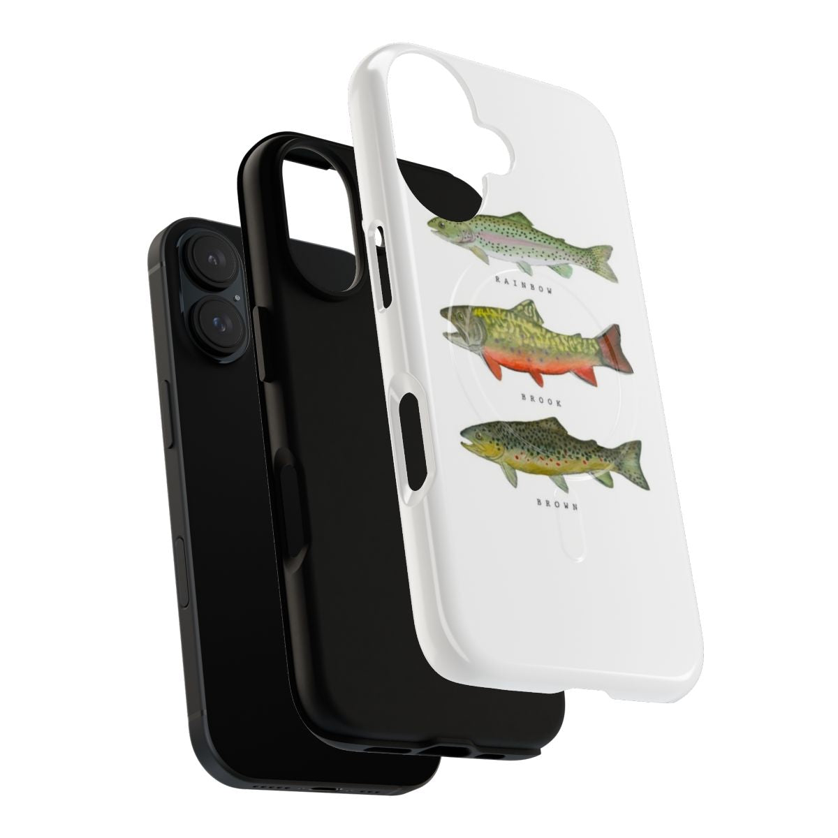 Artistic phone case design featuring three trout species - rainbow, brook, and brown trout - in the Sierra Nevada mountains. - Layers