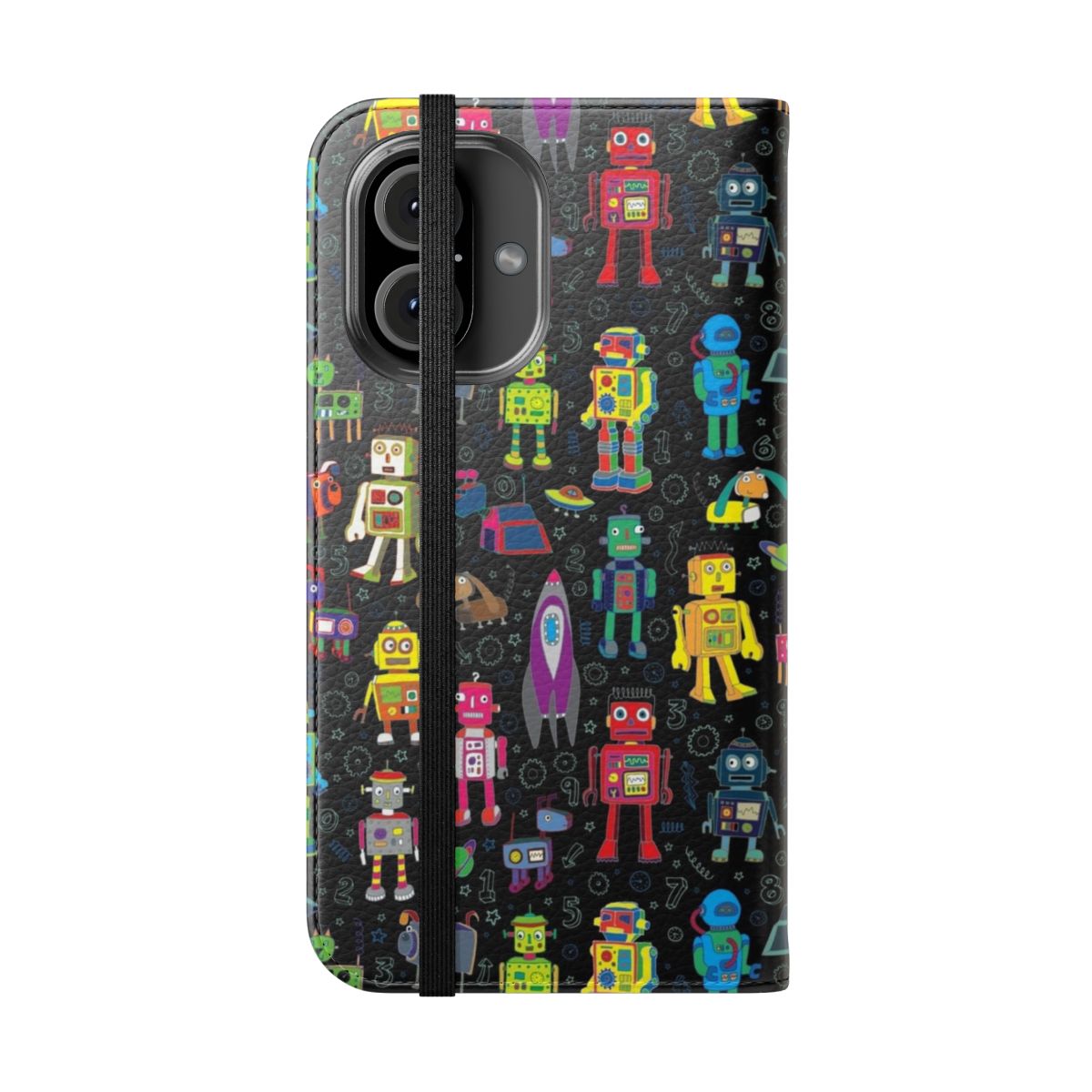 Colorful space robots, spaceships, and rocketships on a black background phone case - Folded Front