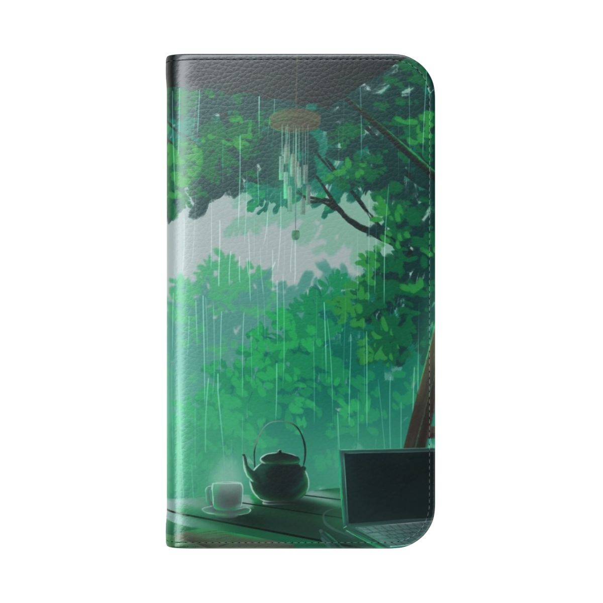 Flip cover phone case with a peaceful storm and nature landscape design - Folded Back