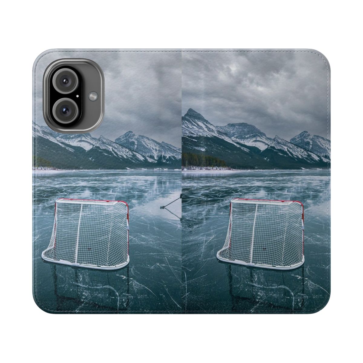 Outdoor rink themed phone case with hockey elements