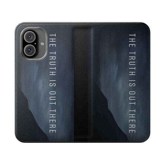 Flip cover phone case featuring a design inspired by the iconic "I Want to Believe" UFO slogan