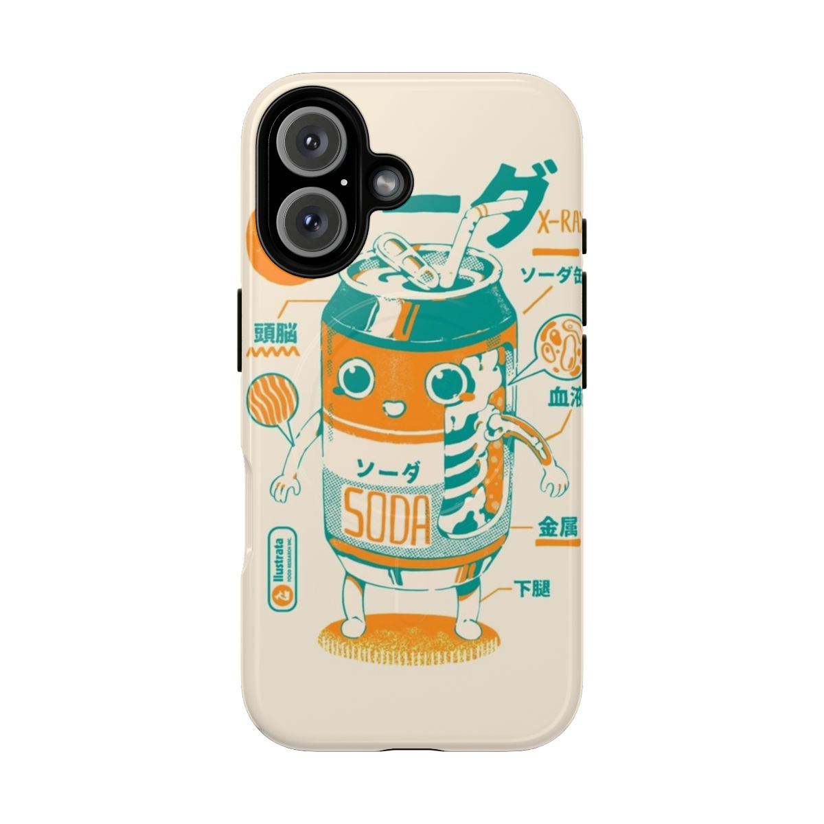 Vintage-style soda can-themed magnetic phone case with x-ray design