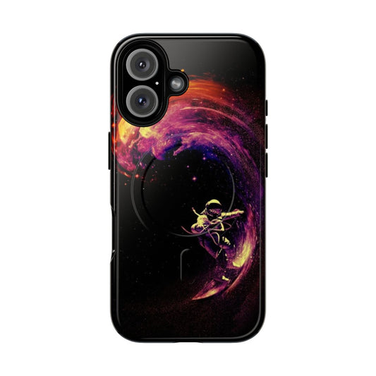 Vibrant cosmic surf-inspired phone case with stars, planets, and galaxies