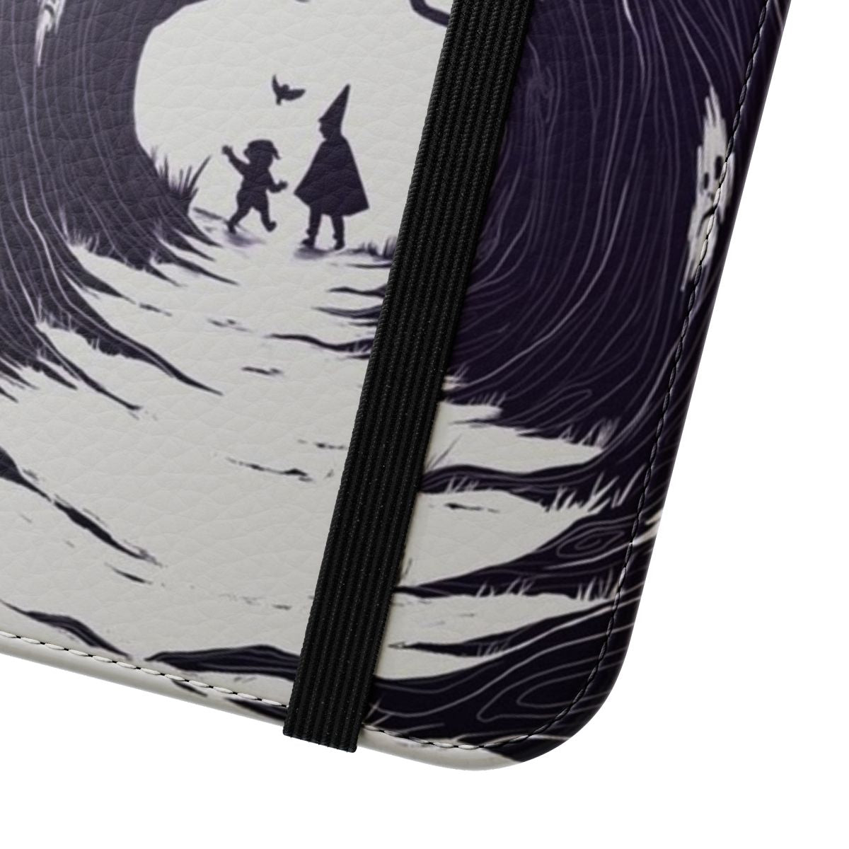 Flip cover phone case featuring an illustration inspired by the TV series Over the Garden Wall, with trees, leaves, and a dark, mysterious forest scene. - Close Up