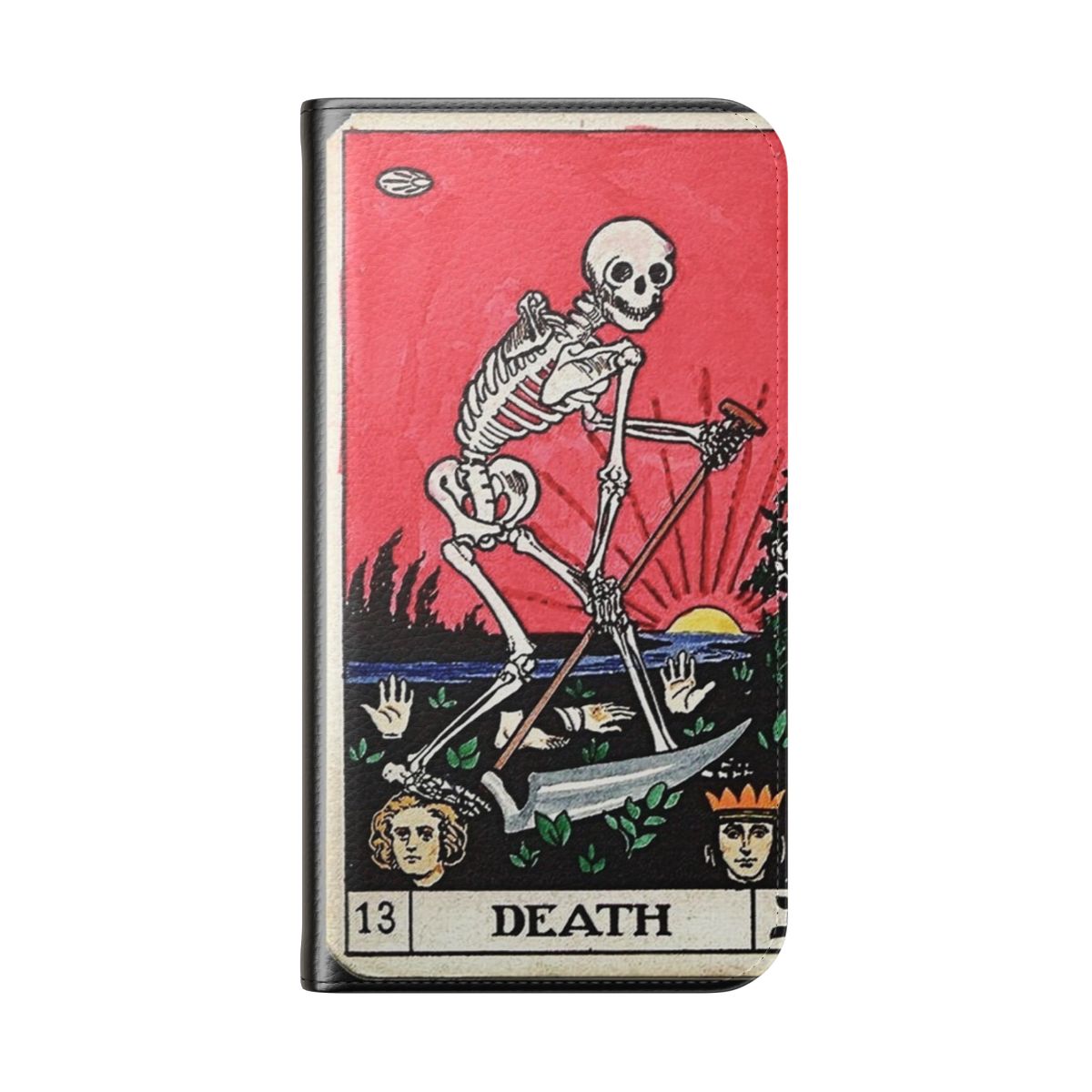 A unique phone case cover featuring the Death tarot card design with a spooky, vintage-inspired skeleton illustration. - Folded Back