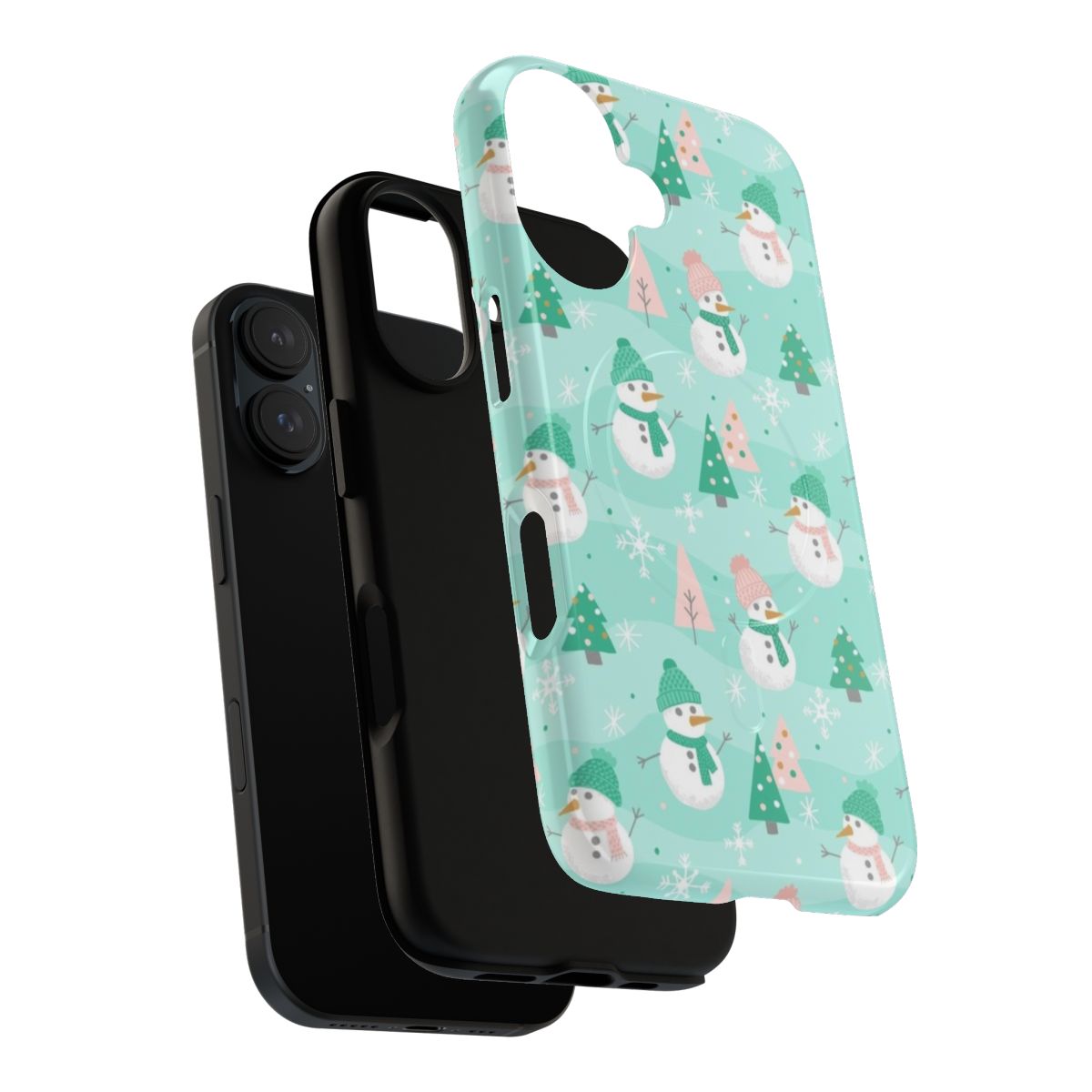 Festive mint green phone case with hand-drawn snowmen design - Layers