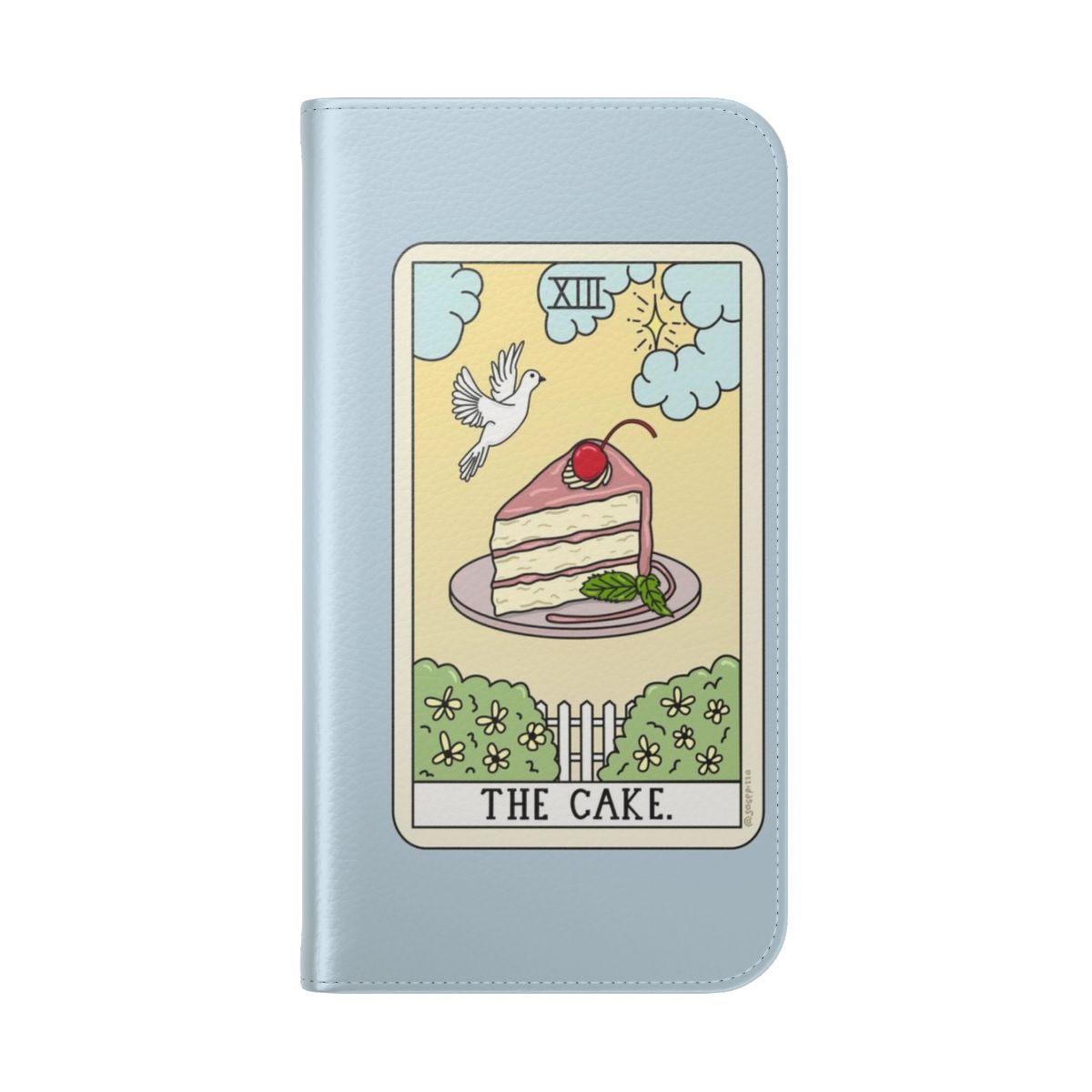 Vibrant flip phone case with a whimsical cake and tarot card design - Folded Back