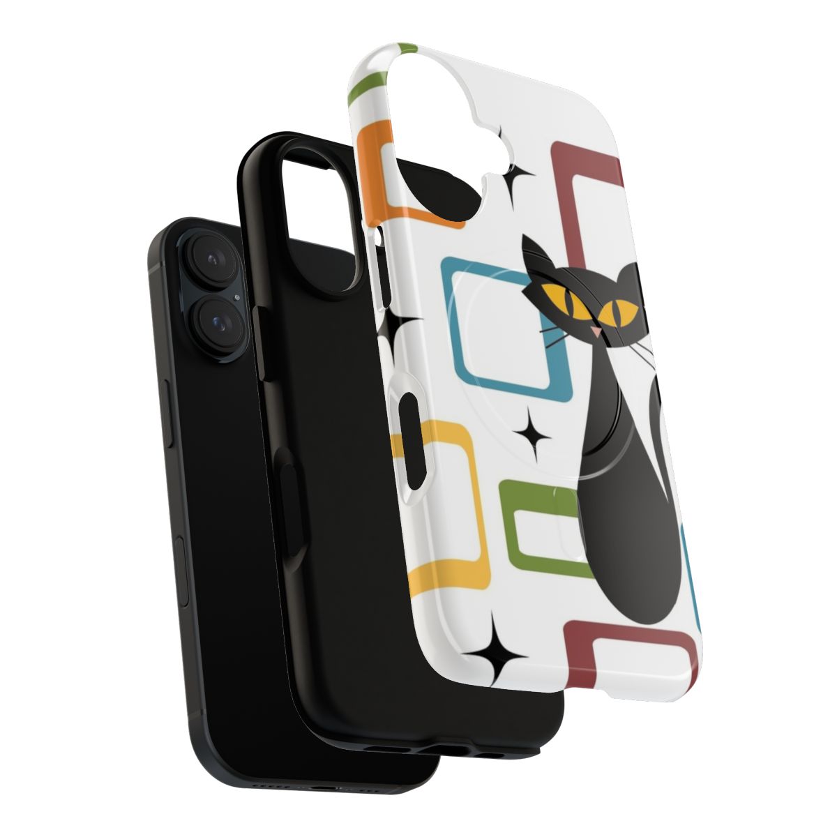 Mid century-style phone case featuring a colorful abstract black cat design - Layers