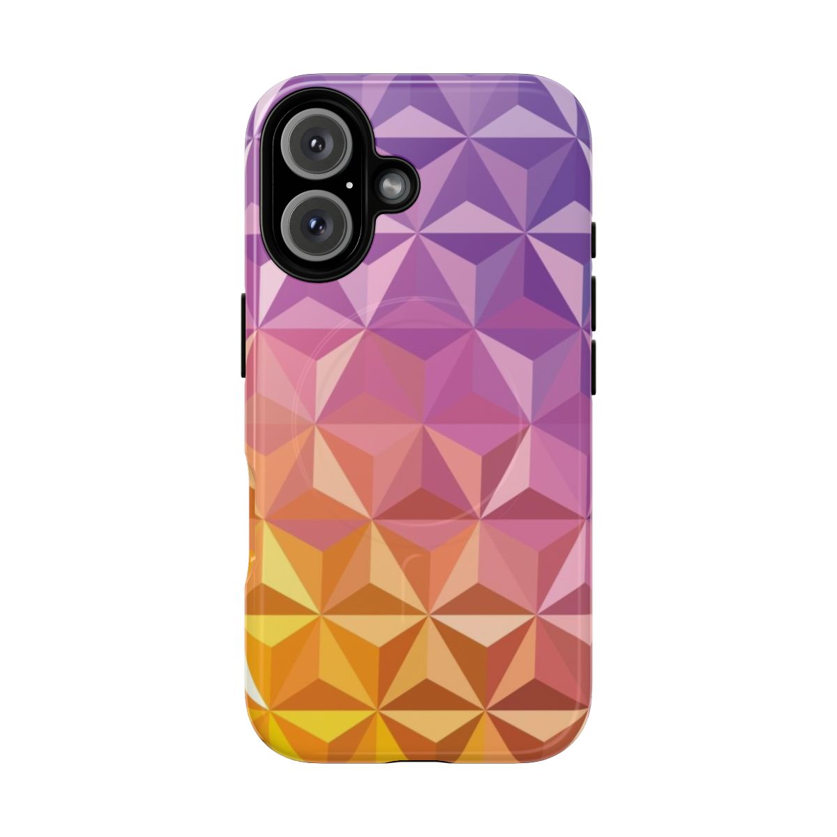 A stylized geometric and neon-themed phone case inspired by the iconic Spaceship Earth at Epcot in Disney World.