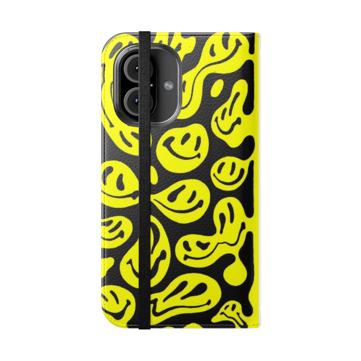 A colorful, psychedelic phone case featuring a melted smiley face pattern in shades of purple, pink, and yellow. - Folded Front