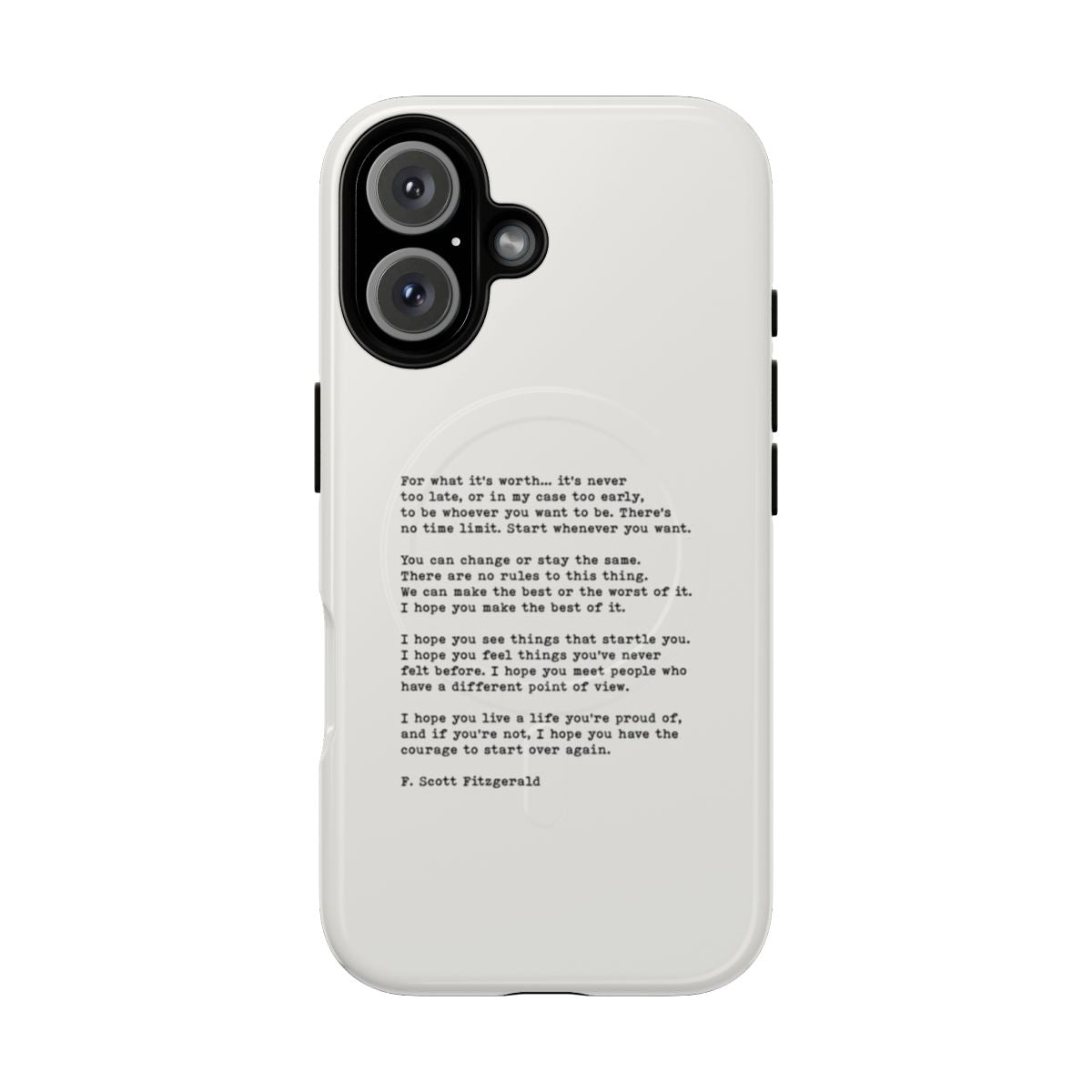 Magnetic tough phone case featuring a motivational quote from F. Scott Fitzgerald's The Great Gatsby