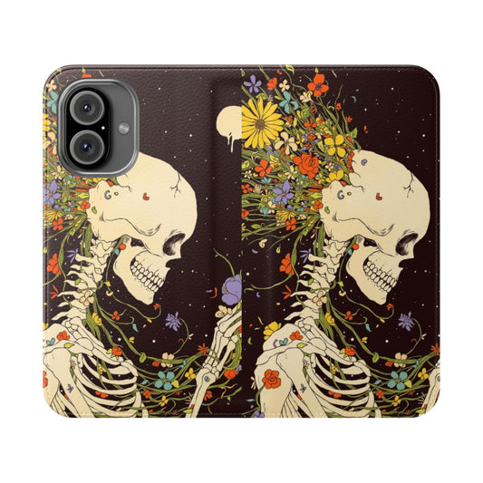 Flip cover phone case with surreal imagery of skulls, flowers, and the cosmos.