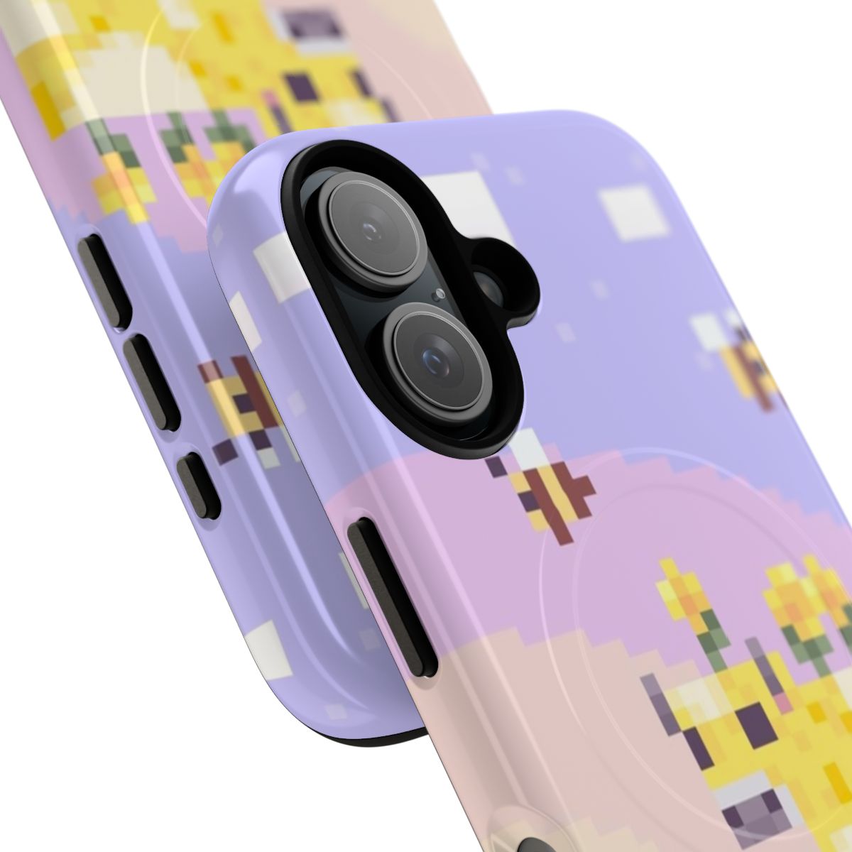 Pastel-colored Minecraft Earth-themed phone case featuring Moobloom and bees in an 8-bit style design. - Detail