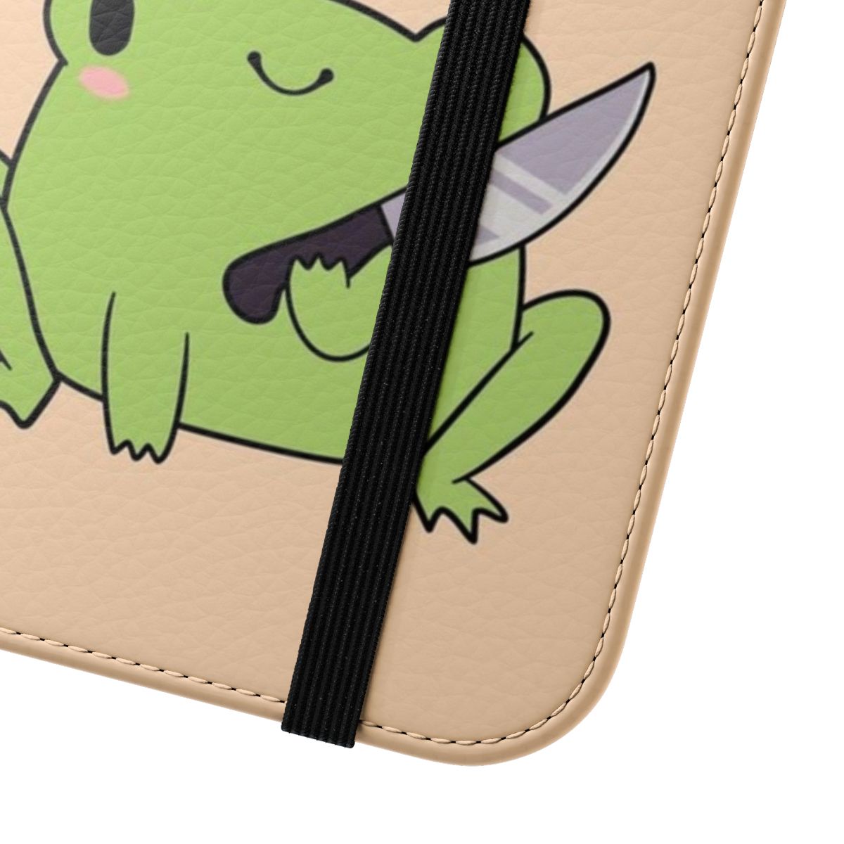 Whimsical flip phone case featuring a cartoon frog holding a knife - Close Up