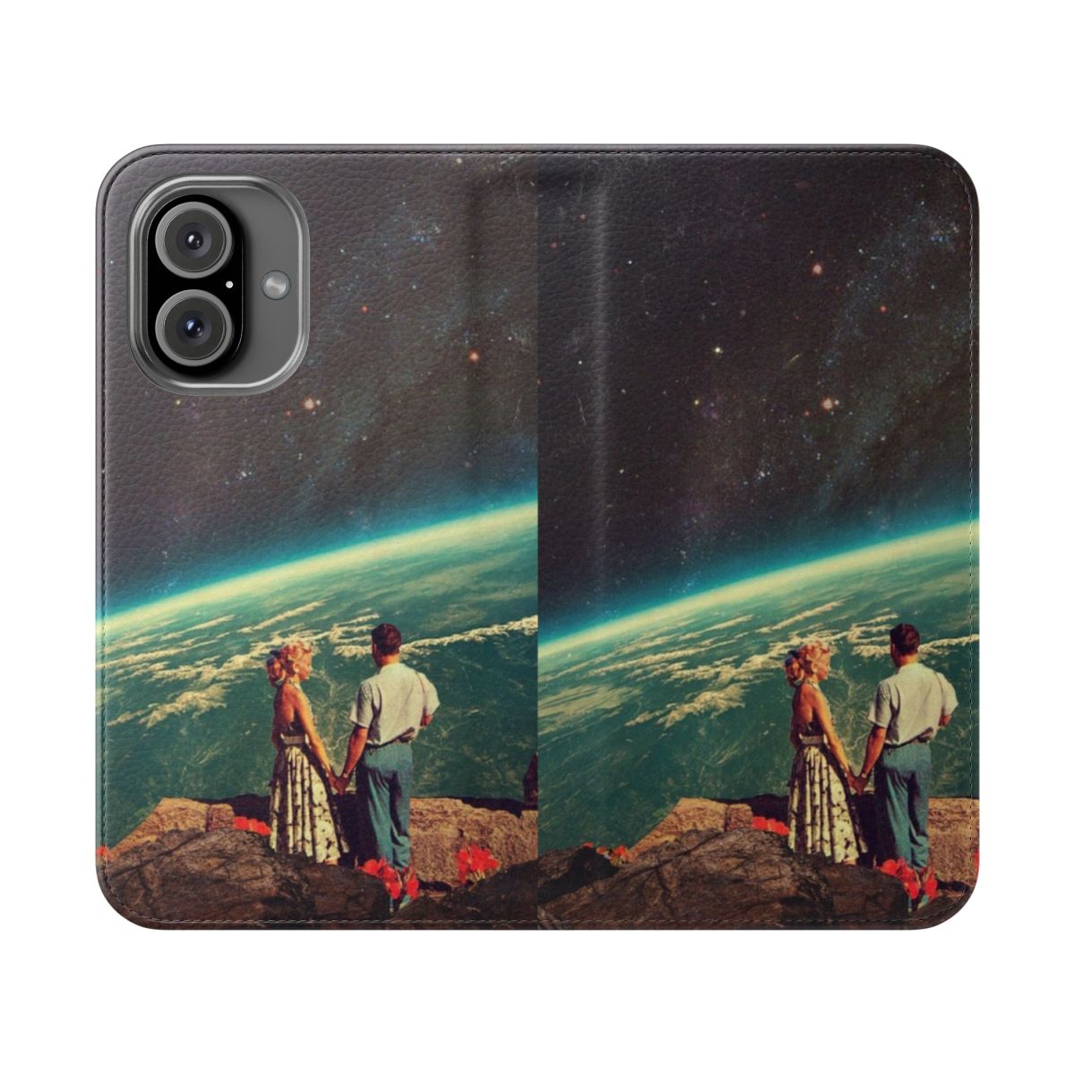 Vintage collage-style digital art phone case with space couple and stars