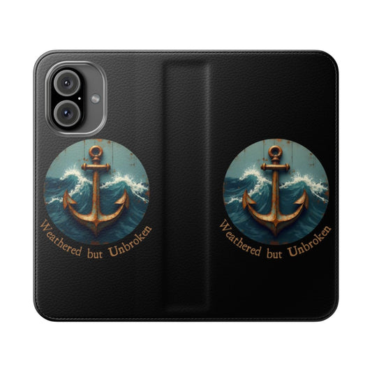 Vintage-style phone case with rusty anchor and waves design