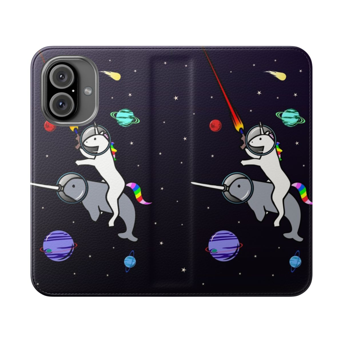 Vibrant illustration of a unicorn riding a narwhal in a cosmic space setting on a phone case cover.