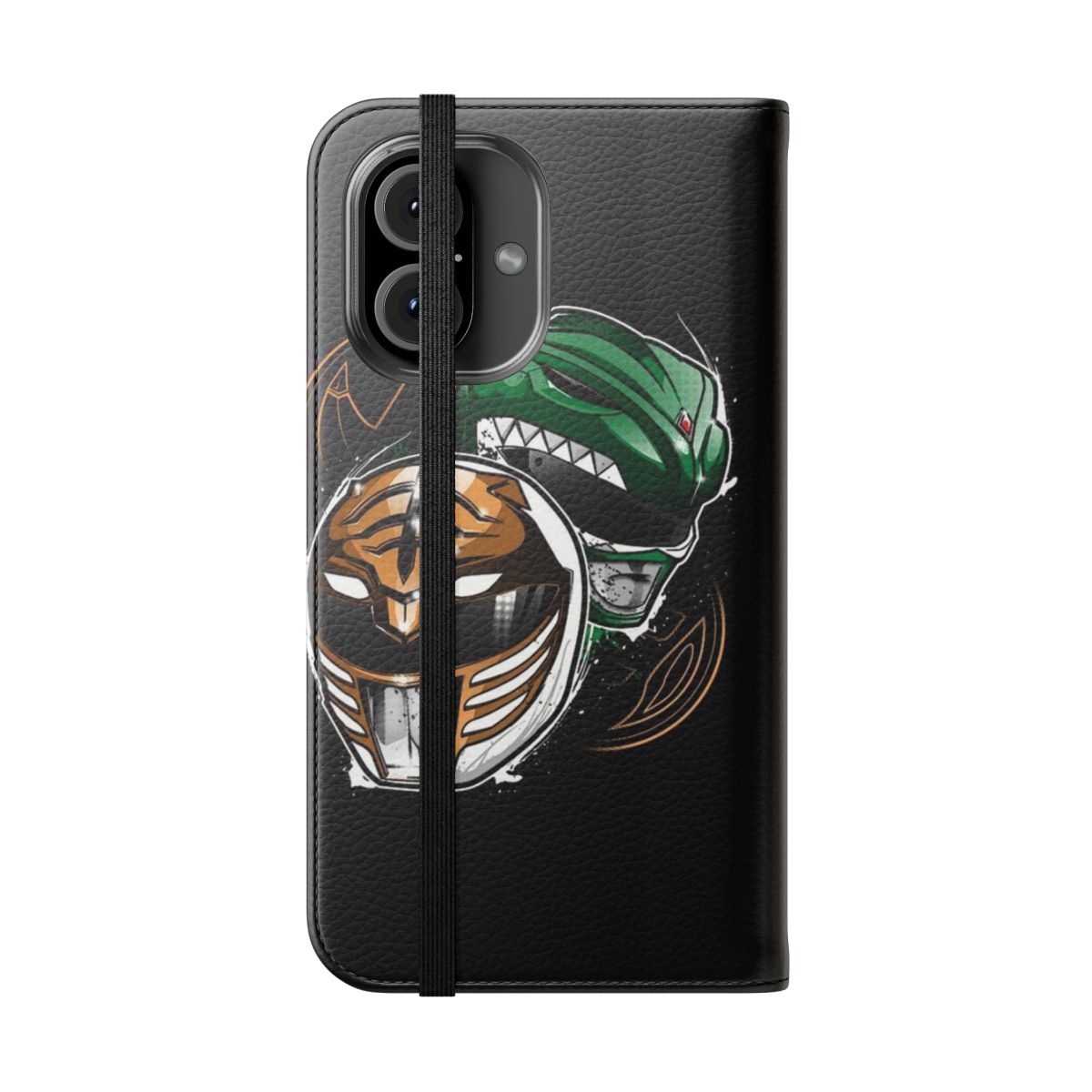 Flip cover phone case featuring a retro-style illustration of the Green Power Ranger, Tommy Oliver - Folded Front