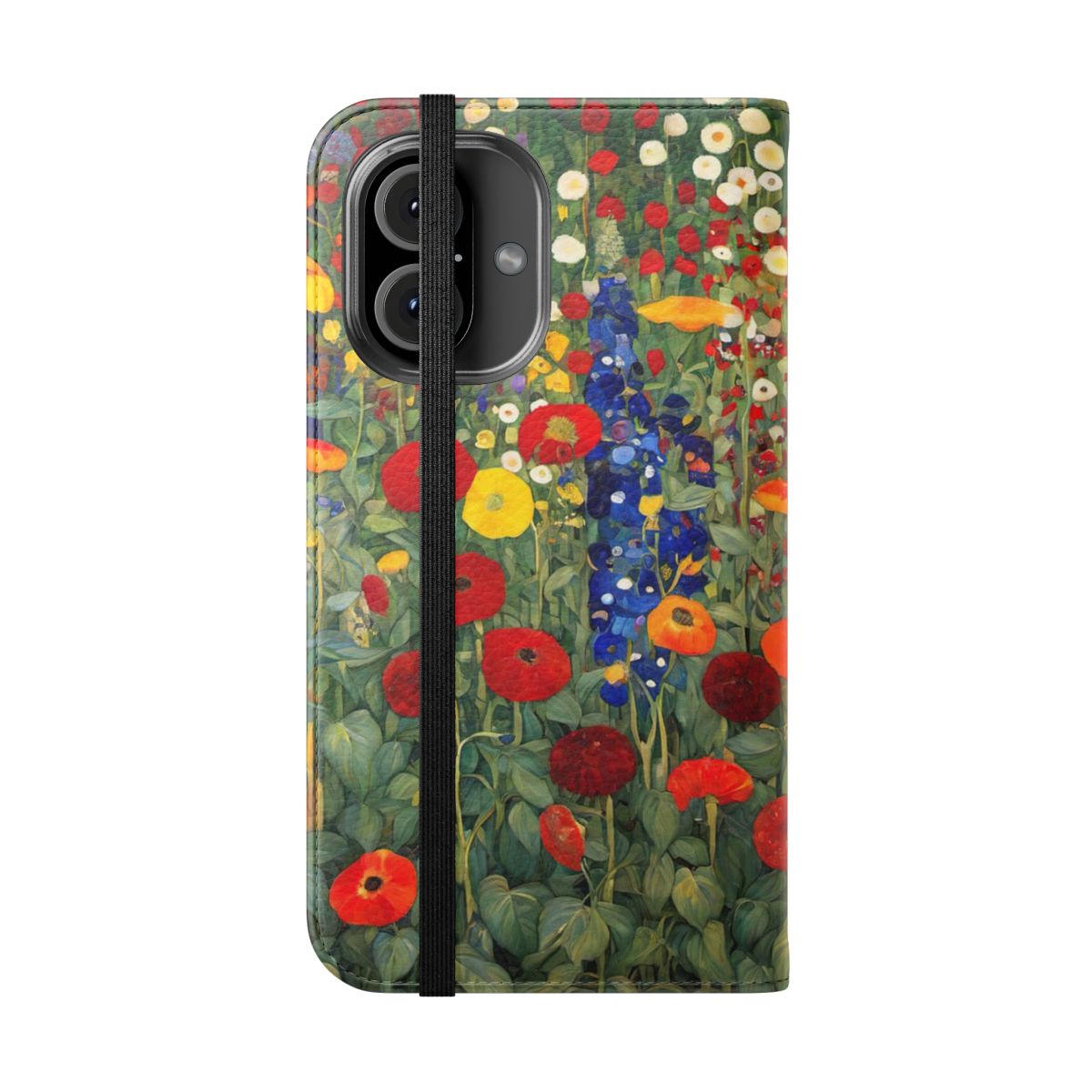 Vibrant floral pattern phone case design inspired by the iconic art of Gustav Klimt. - Folded Front