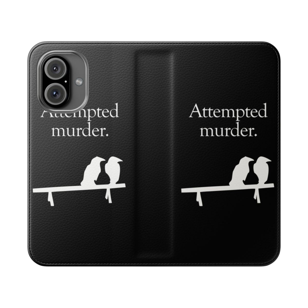 White flip phone case with a "Attempted Murder" design featuring crows