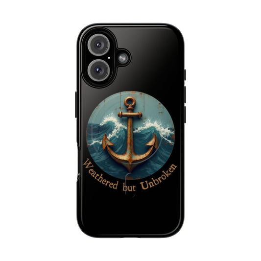 Rustic vintage style phone case featuring a retro nautical anchor and waves design