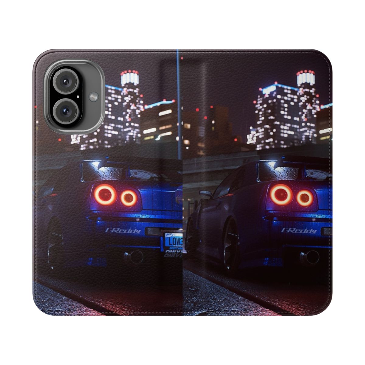 Phone case featuring the iconic Nissan Skyline R34 sports car design