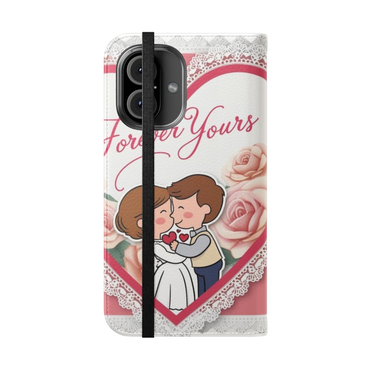 A stylish flip cover phone case featuring a romantic floral design, perfect for Valentine's Day. - Folded Front