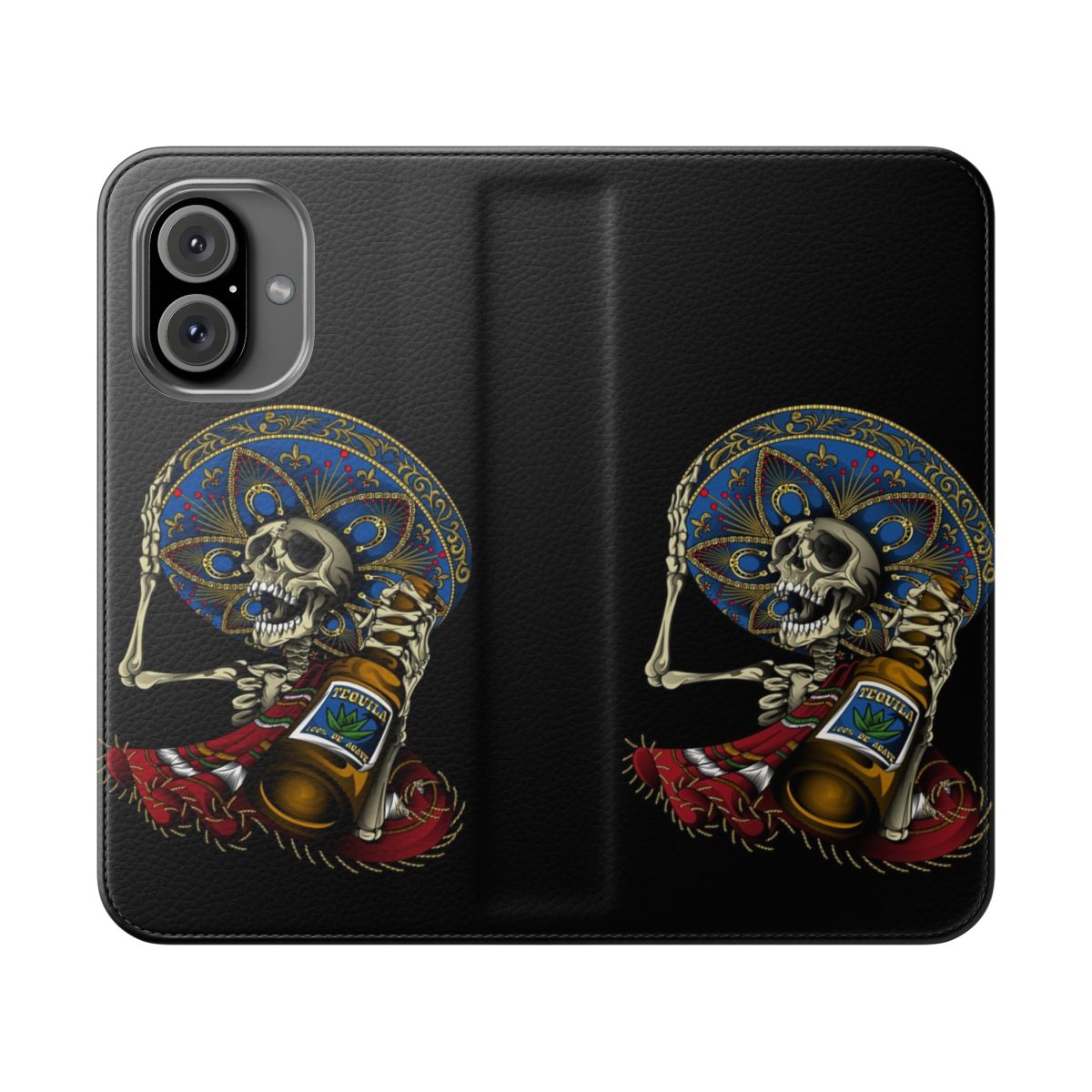 Vibrant flip phone case featuring an Aztec-inspired sugar skull design in traditional Mexican colors